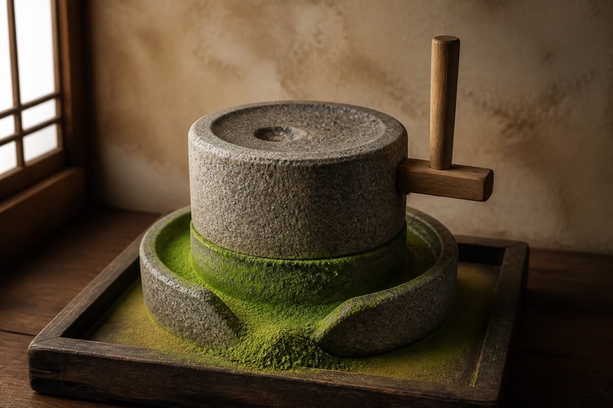 A stone mill beside freshly ground matcha