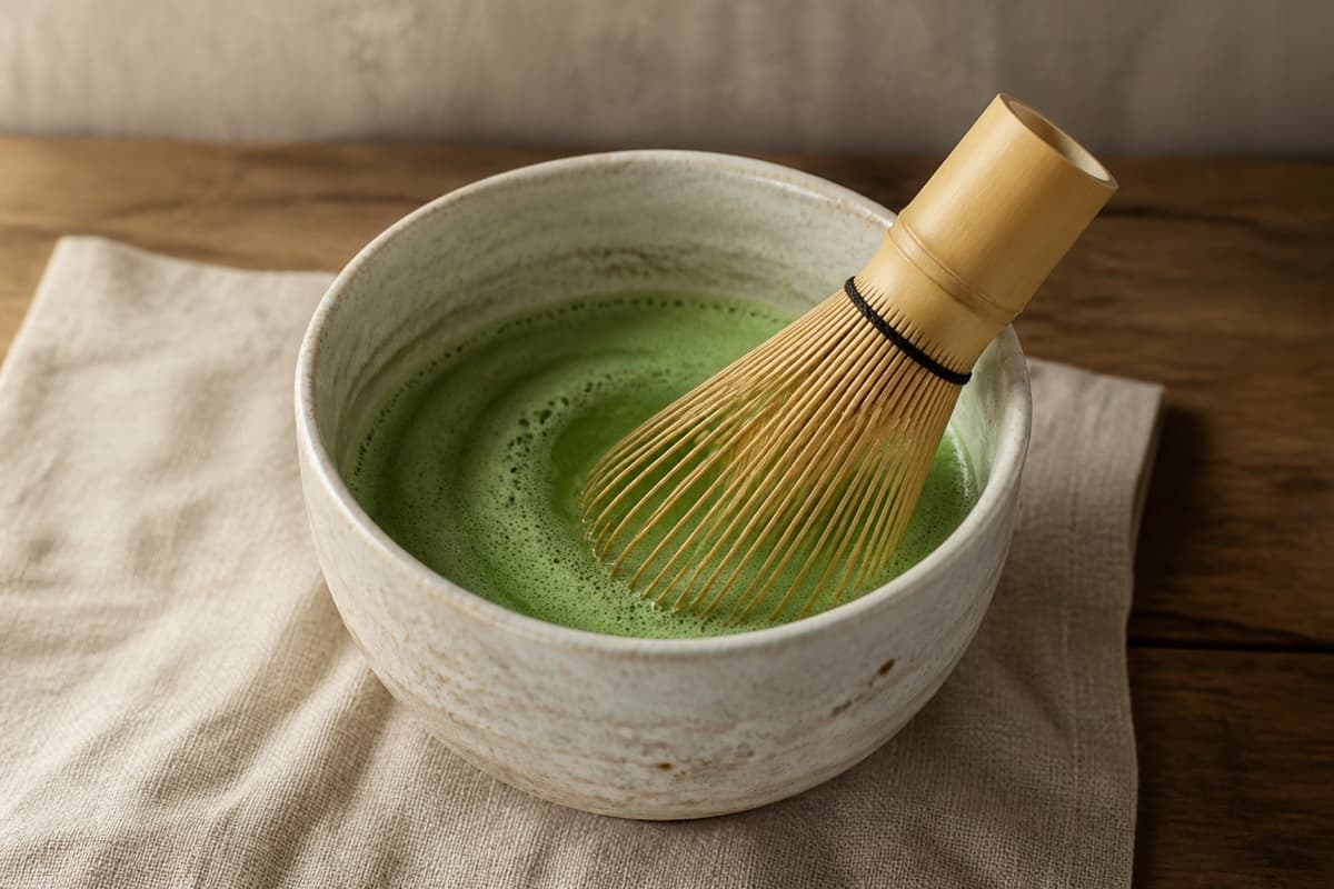 A bamboo whisk resting in a bowl of freshly whisked matcha