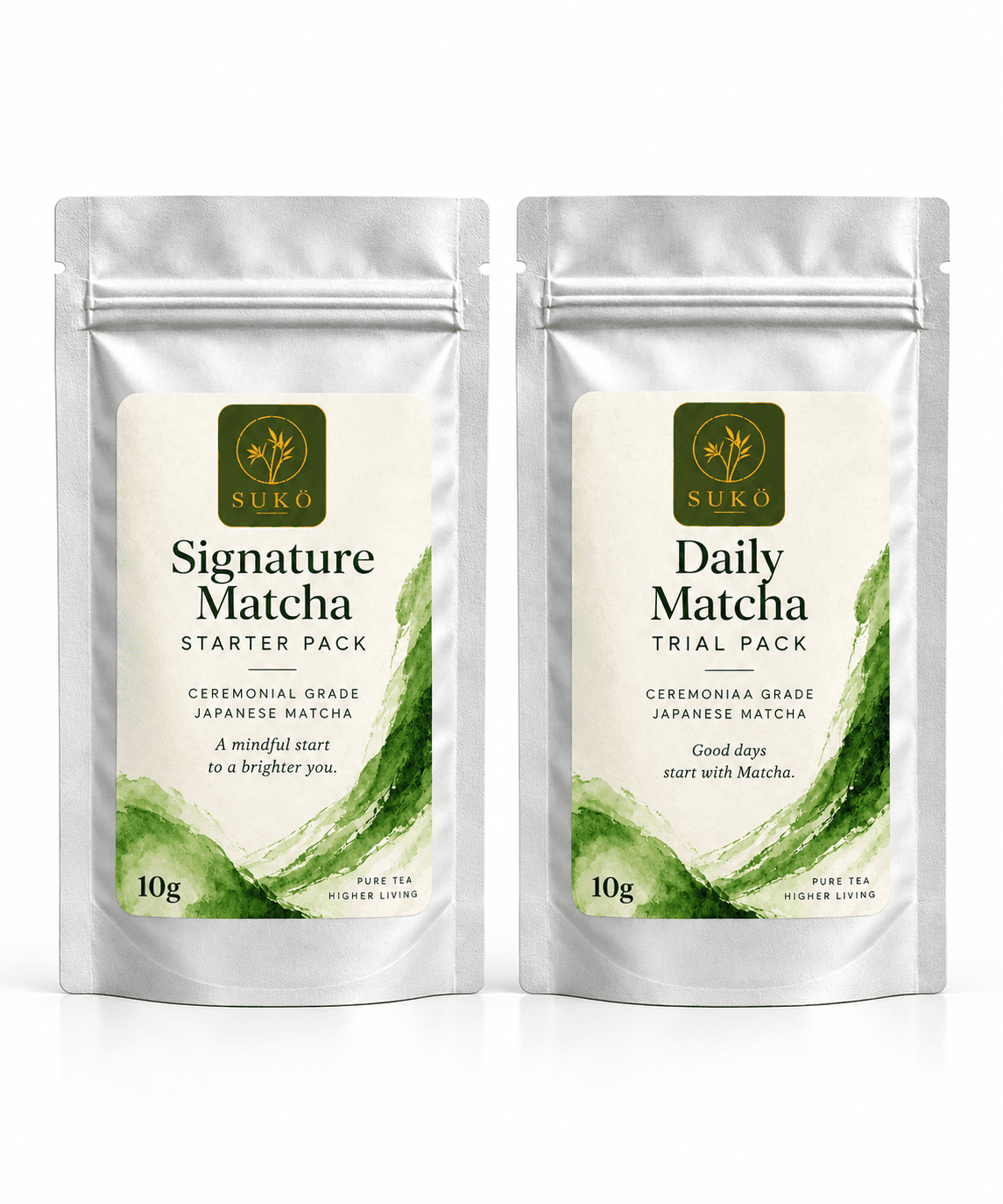 Suko Matcha Duo Trial Pack: 10g Signature Matcha and 10g Daily Matcha starter pouches side by side